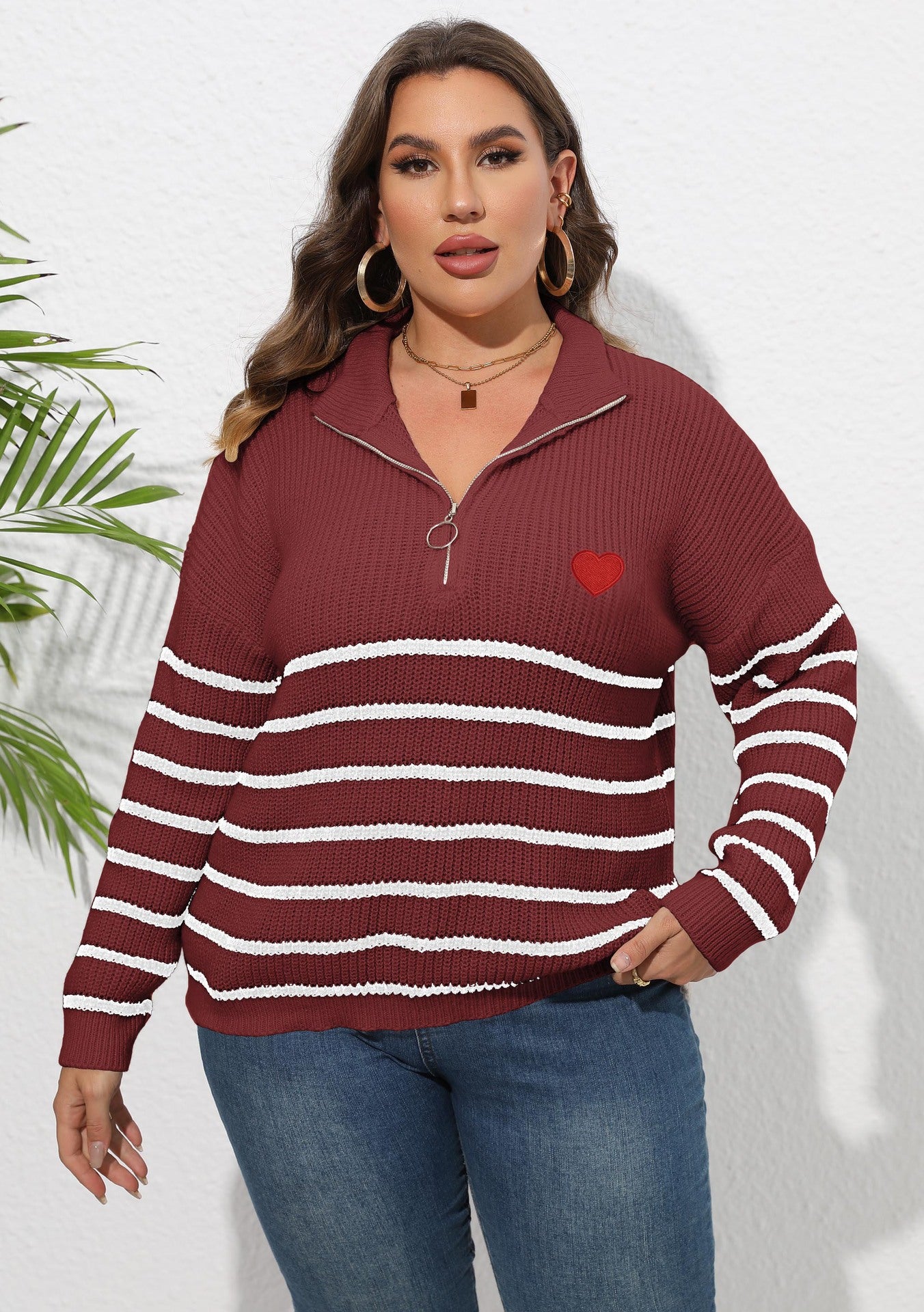 Women's Striped Splicing Love Zipper Pullover Sweater