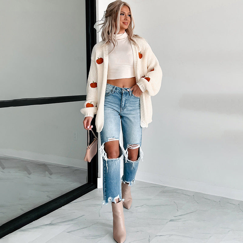 Women's 3D Pumpkin Chunky Knit Cardigan Sweater