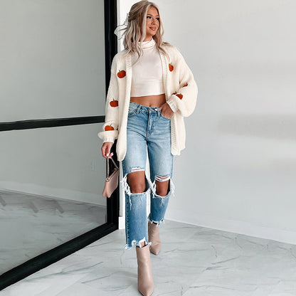 Women's 3D Pumpkin Chunky Knit Cardigan Sweater