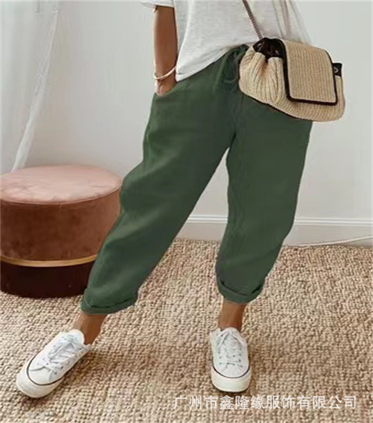 Women's Linen Blend Loose Fit Ankle Pants with Pockets
