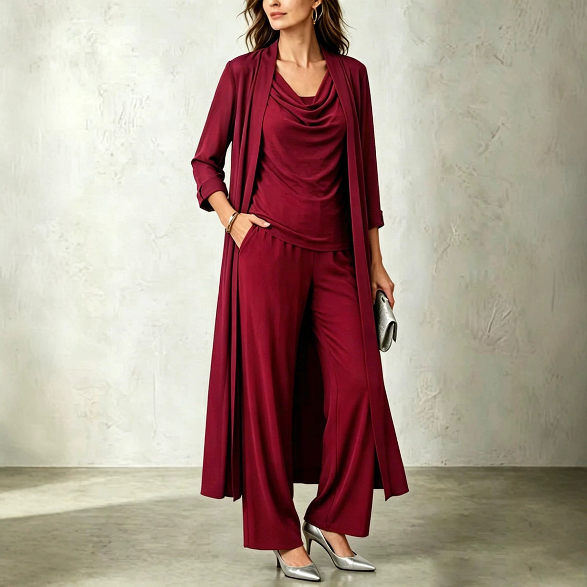 Women's 3 Piece Cowl Neck Long Cardigan Wide Leg Pants Set