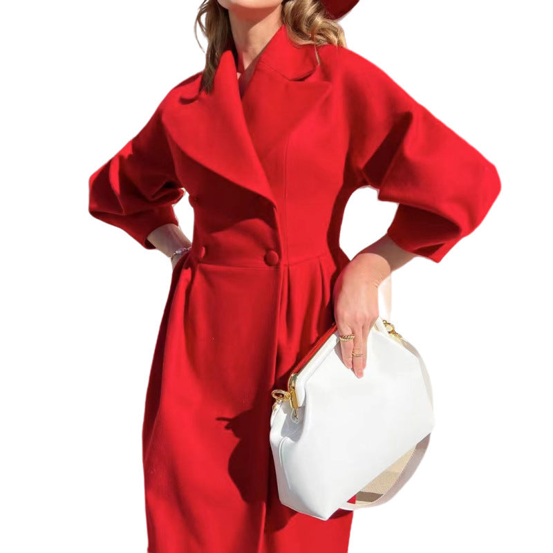 Women Wool Coat Double Breasted Balloon Sleeve Notch Lapel