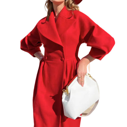 Women Wool Coat Double Breasted Balloon Sleeve Notch Lapel