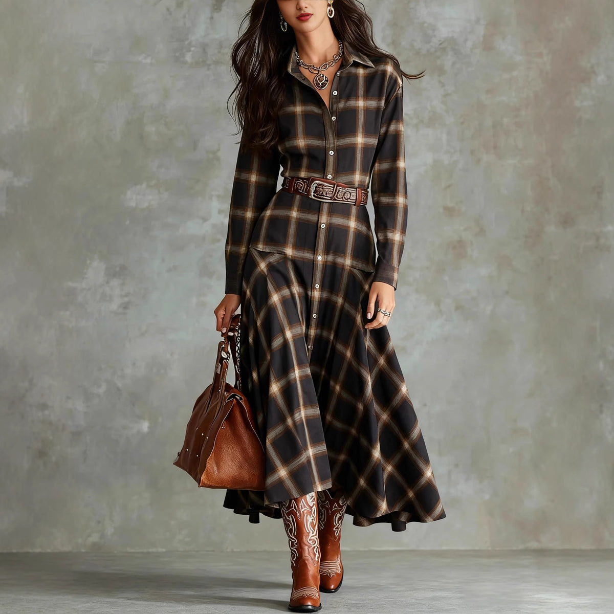 Women's Plaid Shirt Dress Long Sleeve Button Down Maxi