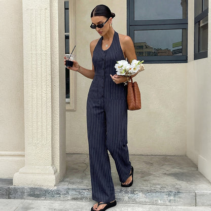 Striped Halter Backless Wide Leg Jumpsuit Office Chic