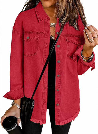 Women's Oversized Denim Shacket Frayed Hem