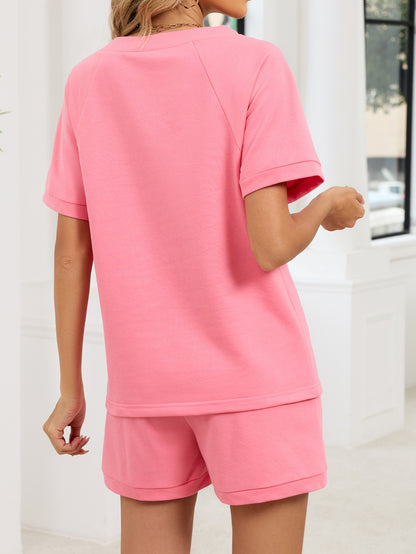 V Neck Short Sleeve Top and Drawstring Shorts Set