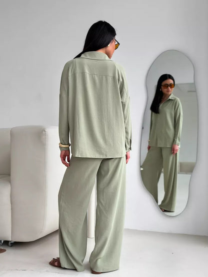Two Piece Shirt Pants Set Wide Leg Casual Outfit
