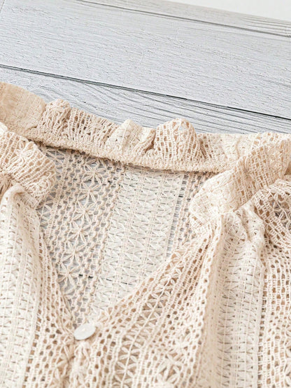 Hollow Knit V Neck Button Front Lace Blouse for Women