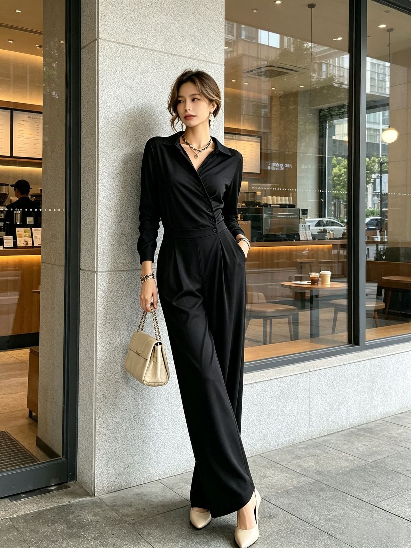 Elegant Minimalist High Waist Wide Leg Long Sleeve Jumpsuit