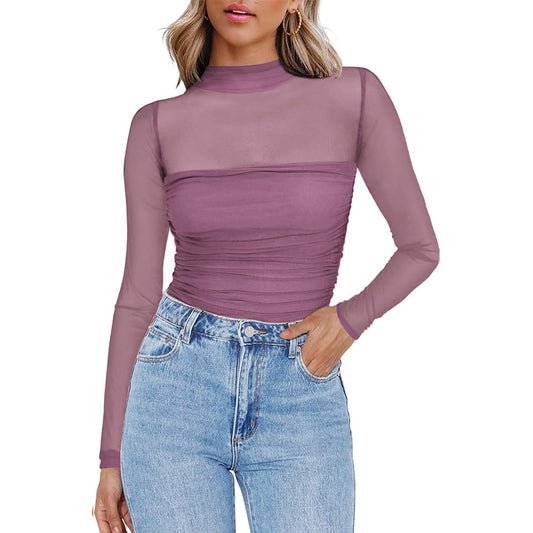 Y2K Mesh Semi-Turtleneck Long Sleeve Sexy T-Shirt
