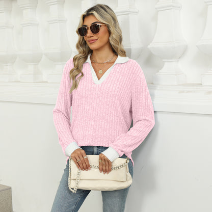 Women's Oversized Contrast Collar V Neck Long Sleeve Top