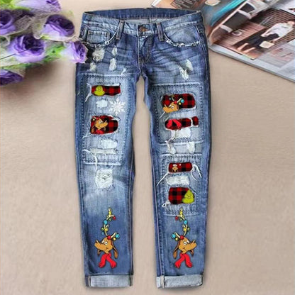 Grinch Christmas Patch Ripped Jeans Women Holiday Denim