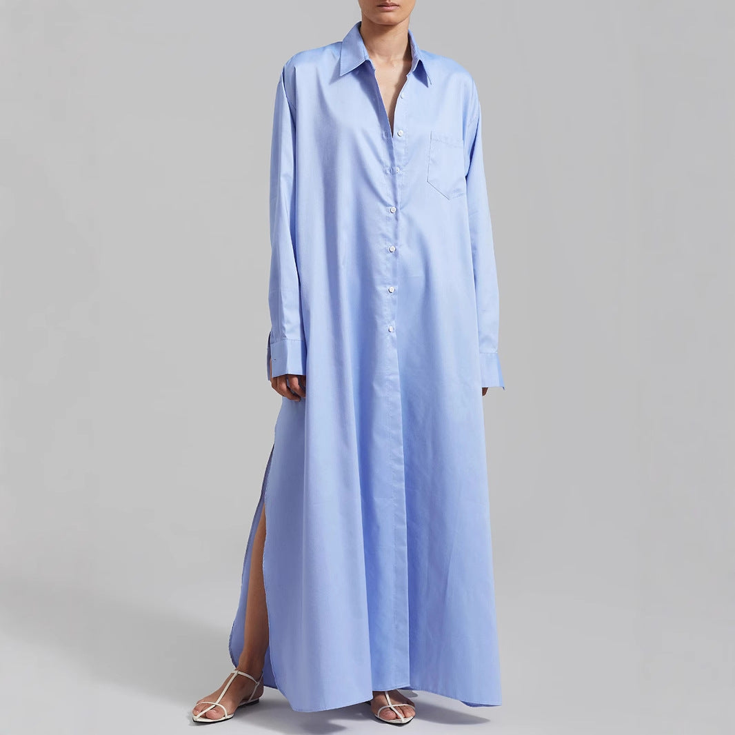 Cotton Maxi Shirt Dress Long Sleeve Collared Slit