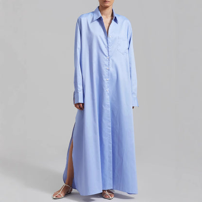 Cotton Maxi Shirt Dress Long Sleeve Collared Slit