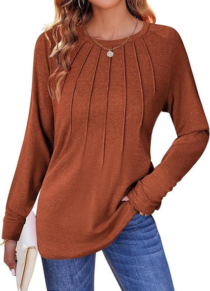 Women's Pleated Crew Neck Long Sleeve Casual Top