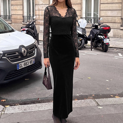 Velvet Lace Maxi Dress Long Sleeve V-Neck Bodycon