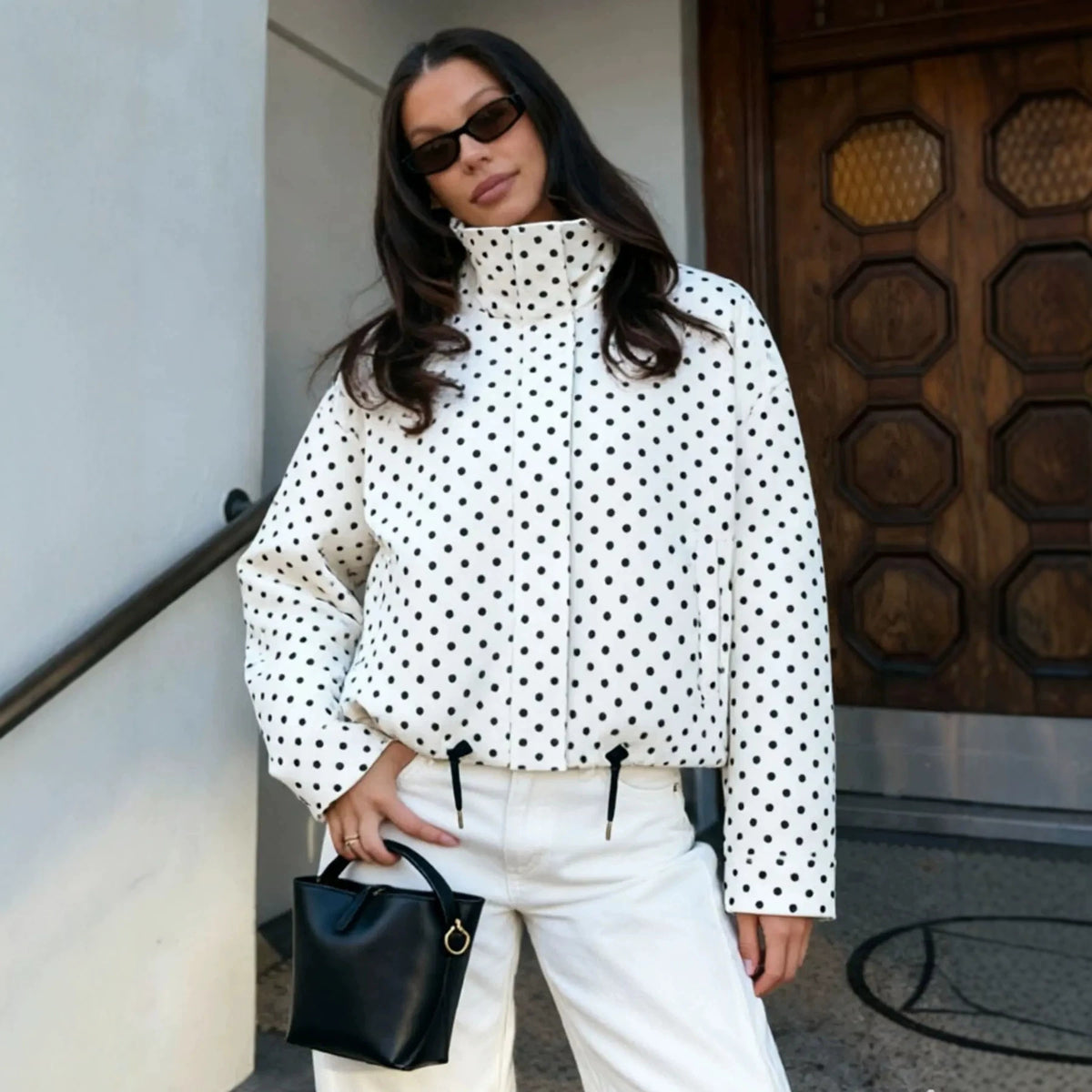 Women Polka Dot Zip Jacket Stand Collar Long Sleeve Pockets