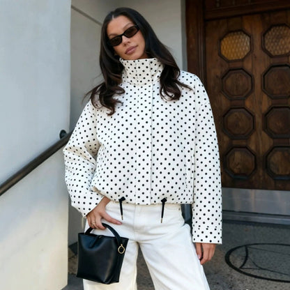 Women Polka Dot Zip Jacket Stand Collar Long Sleeve Pockets