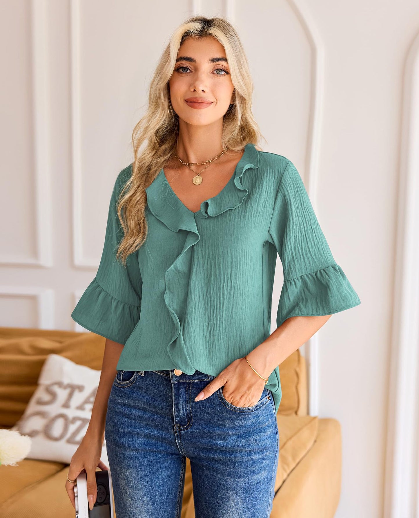 Ruffle V Neck 3/4 Sleeve Textured Blouse Top