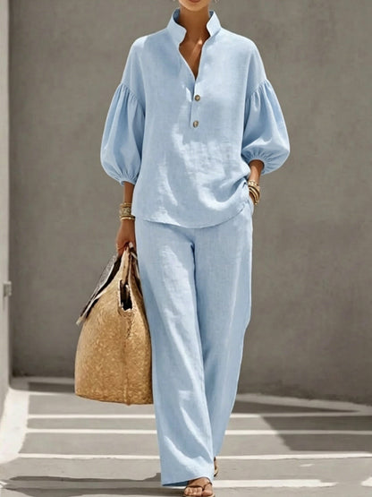 Cotton Puff Sleeve Mandarin Shirt Wide Leg Pants Set