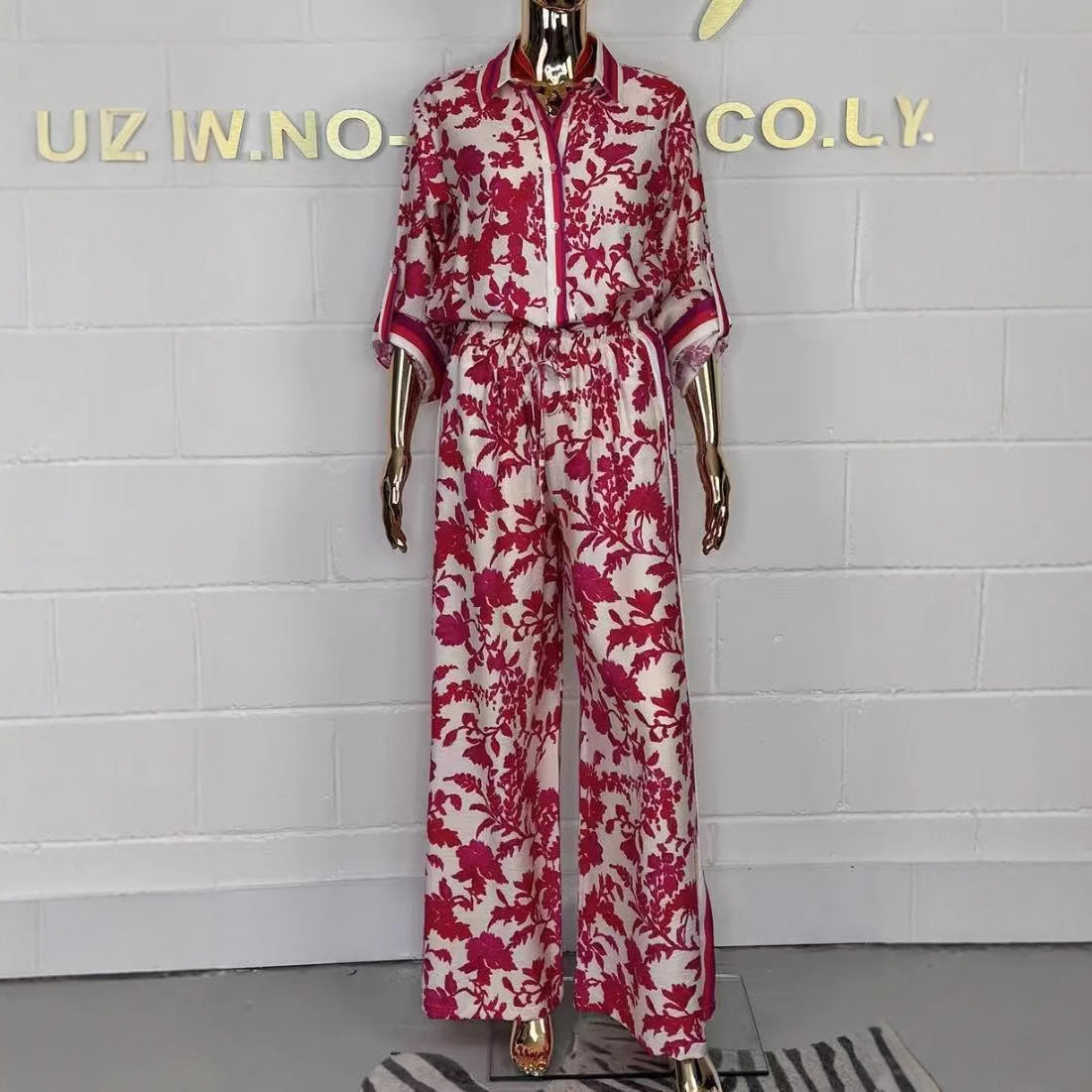 Women's Floral Button-Up Shirt & Wide Leg Pants Set