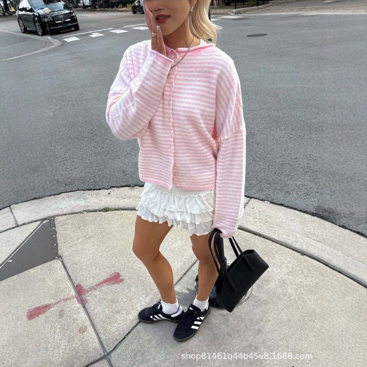 Women's Striped Cardigan Button Front Loose Knit Sweater