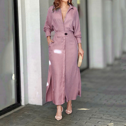 Women's Belted Long Sleeve Maxi Shirt Dress V-Neck