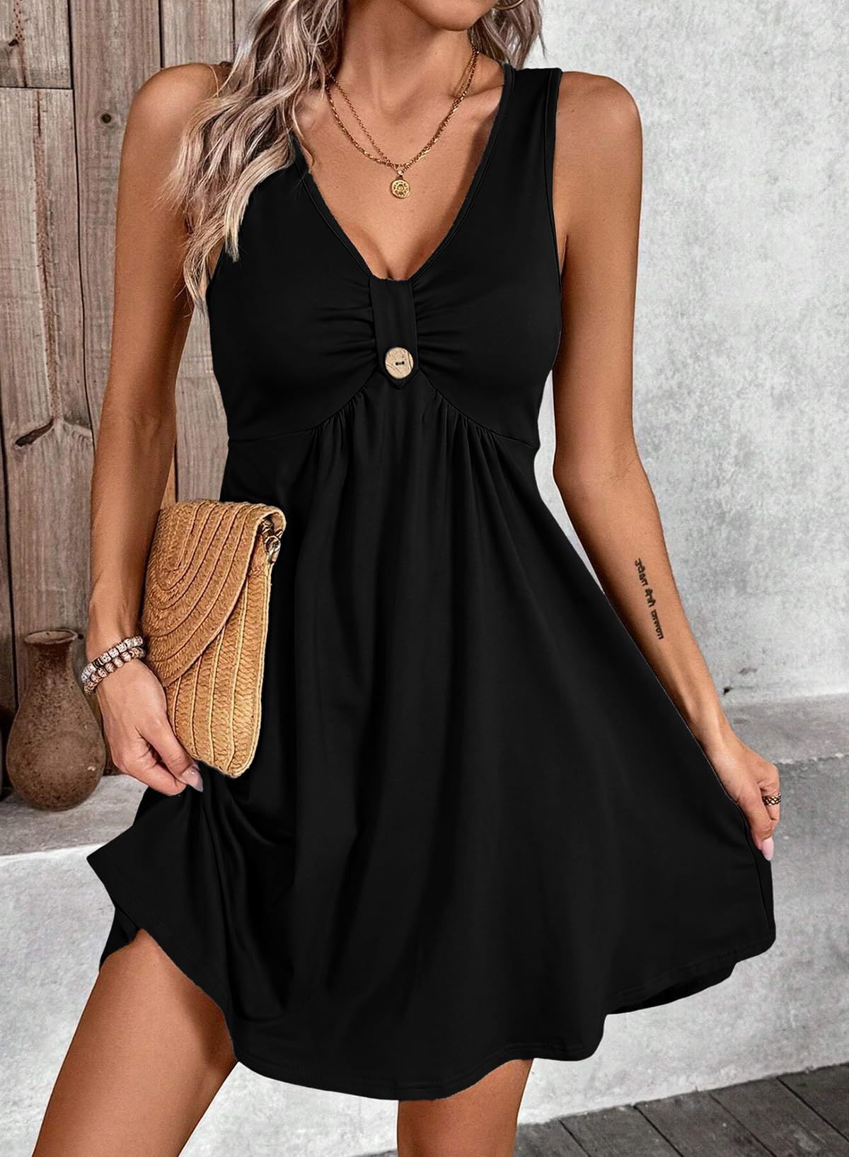 Women's V Neck Sleeveless Button Ruched Flowy Mini Dress