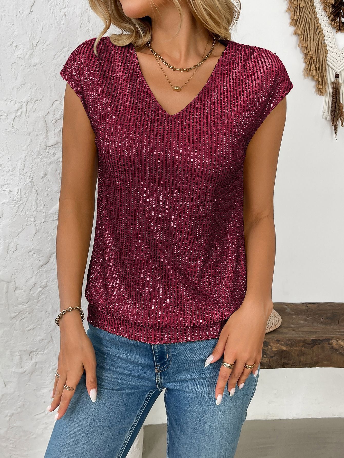 Women's V-Neck Sequin Tank Top – Sleeveless Summer Party Blouse