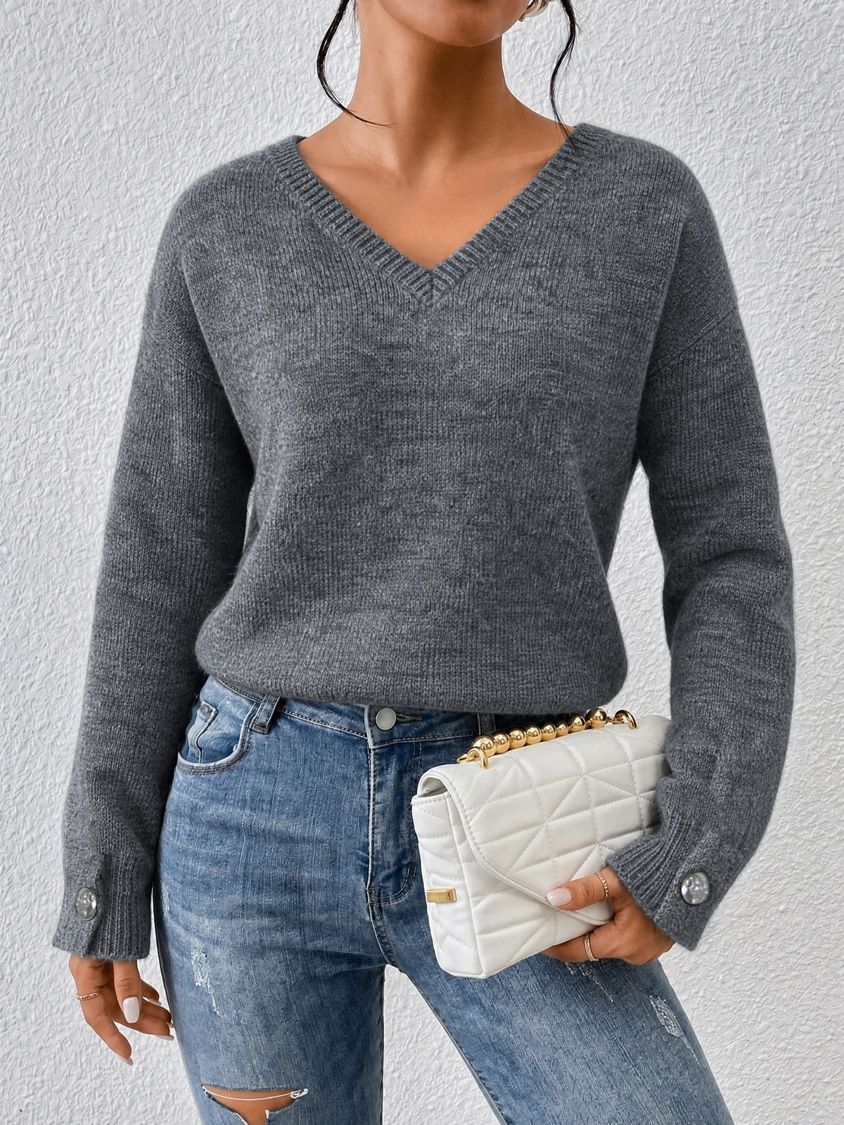 Womens V Neck Sweater Oversized Button Cuff Pullover