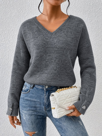 Womens V Neck Sweater Oversized Button Cuff Pullover