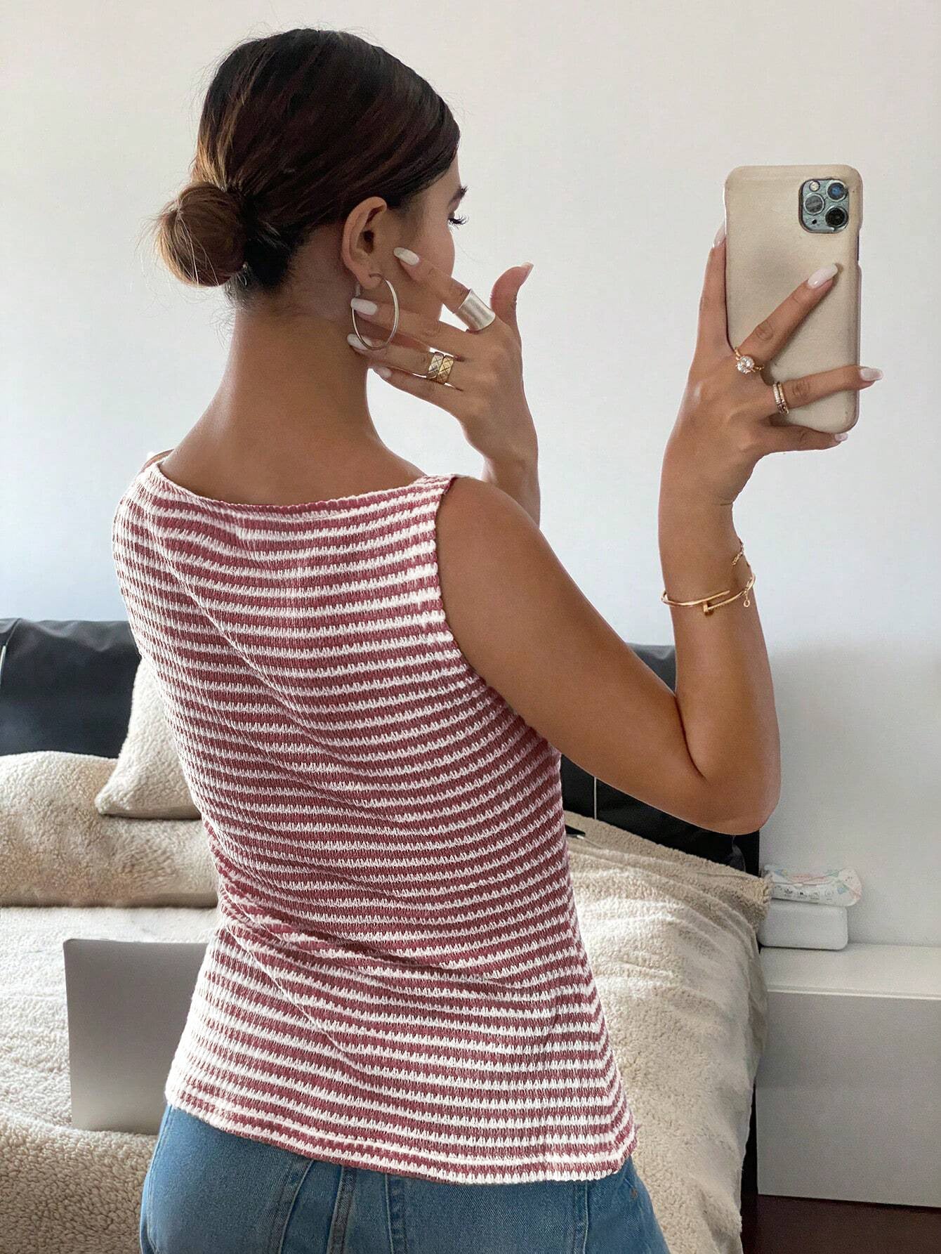 Women’s Striped Button Front Sleeveless Tank Top