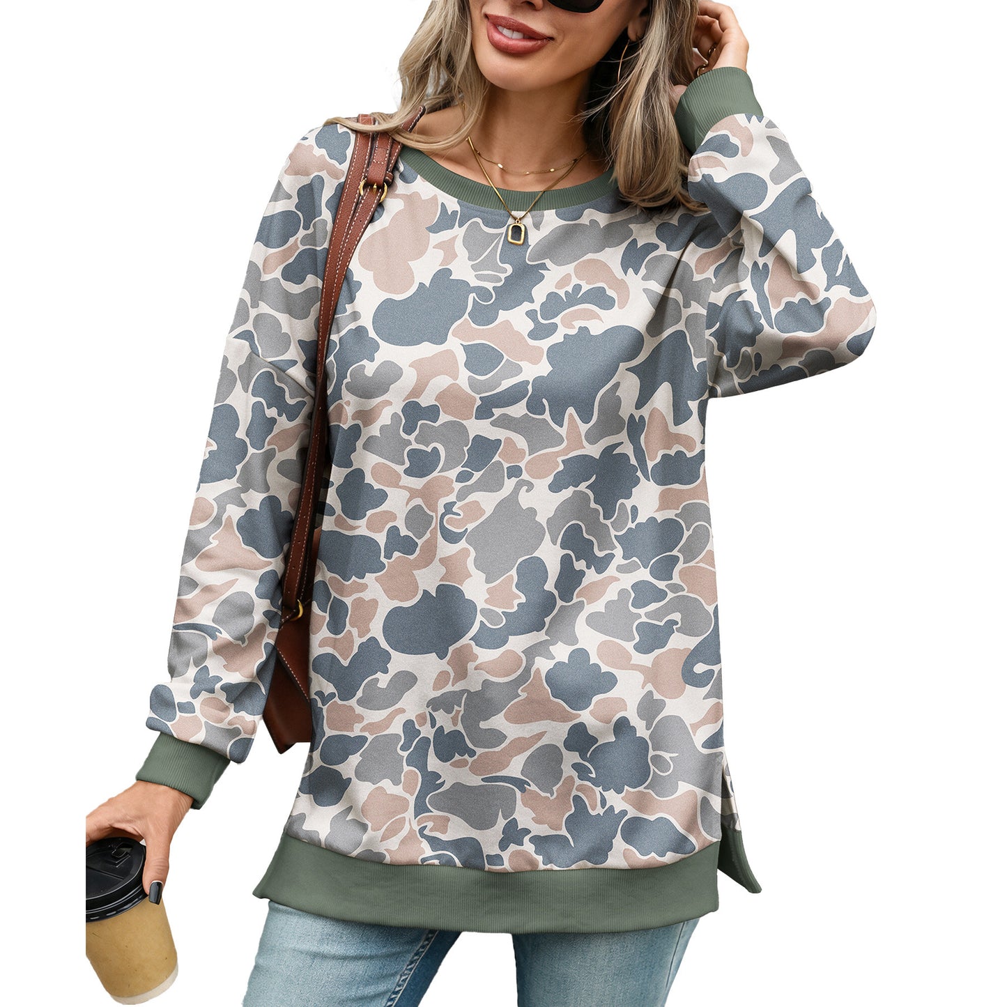 Women's Crewneck Sweatshirt Camo Print Long Sleeve Pullover