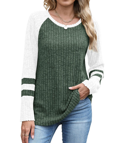 Colorblock Ribbed Knit Sweater Women Casual Pullover Top