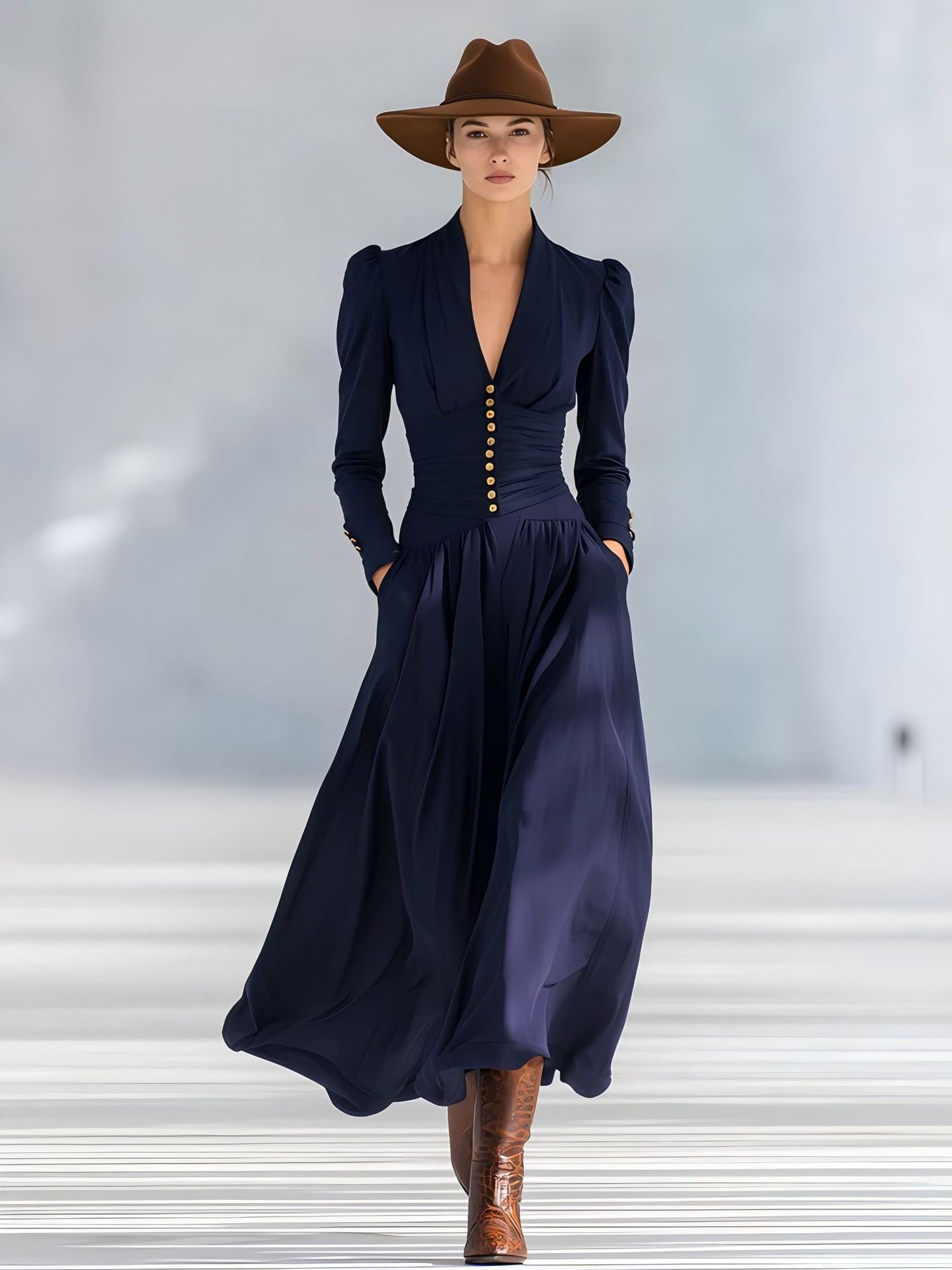 Elegant Satin V-Neck Puff Sleeve Ruched Formal Maxi Dress