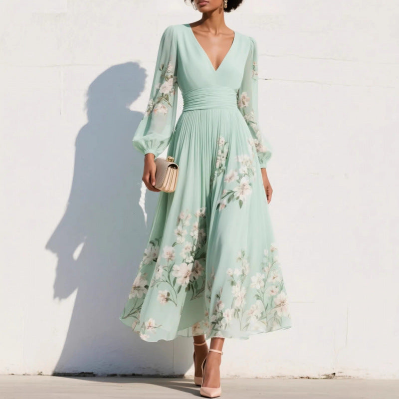 Floral V Neck Pleated Long Sleeve Maxi Dress