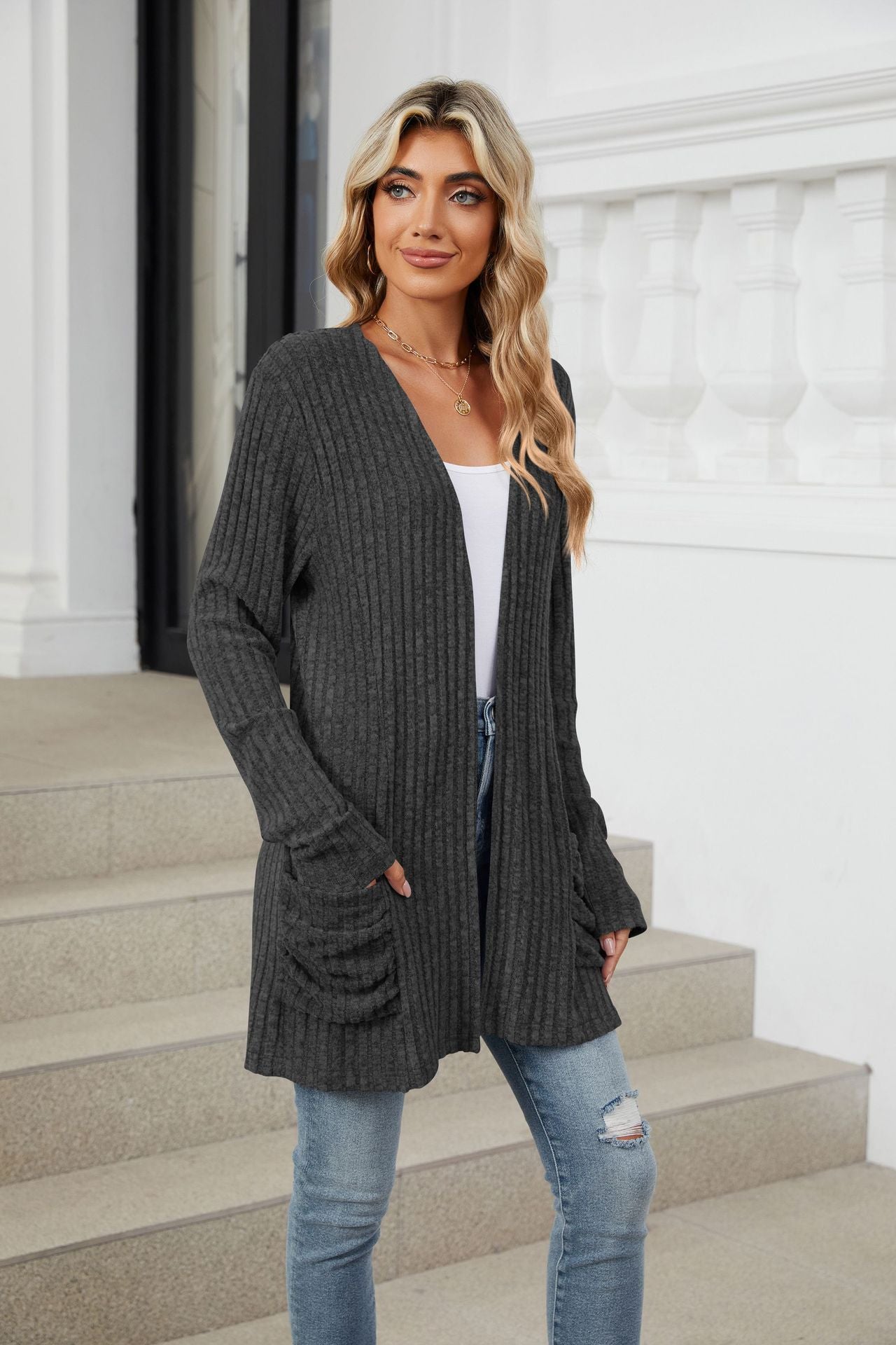 Simple Pocketed Long Sleeve Cardigan Knit Top