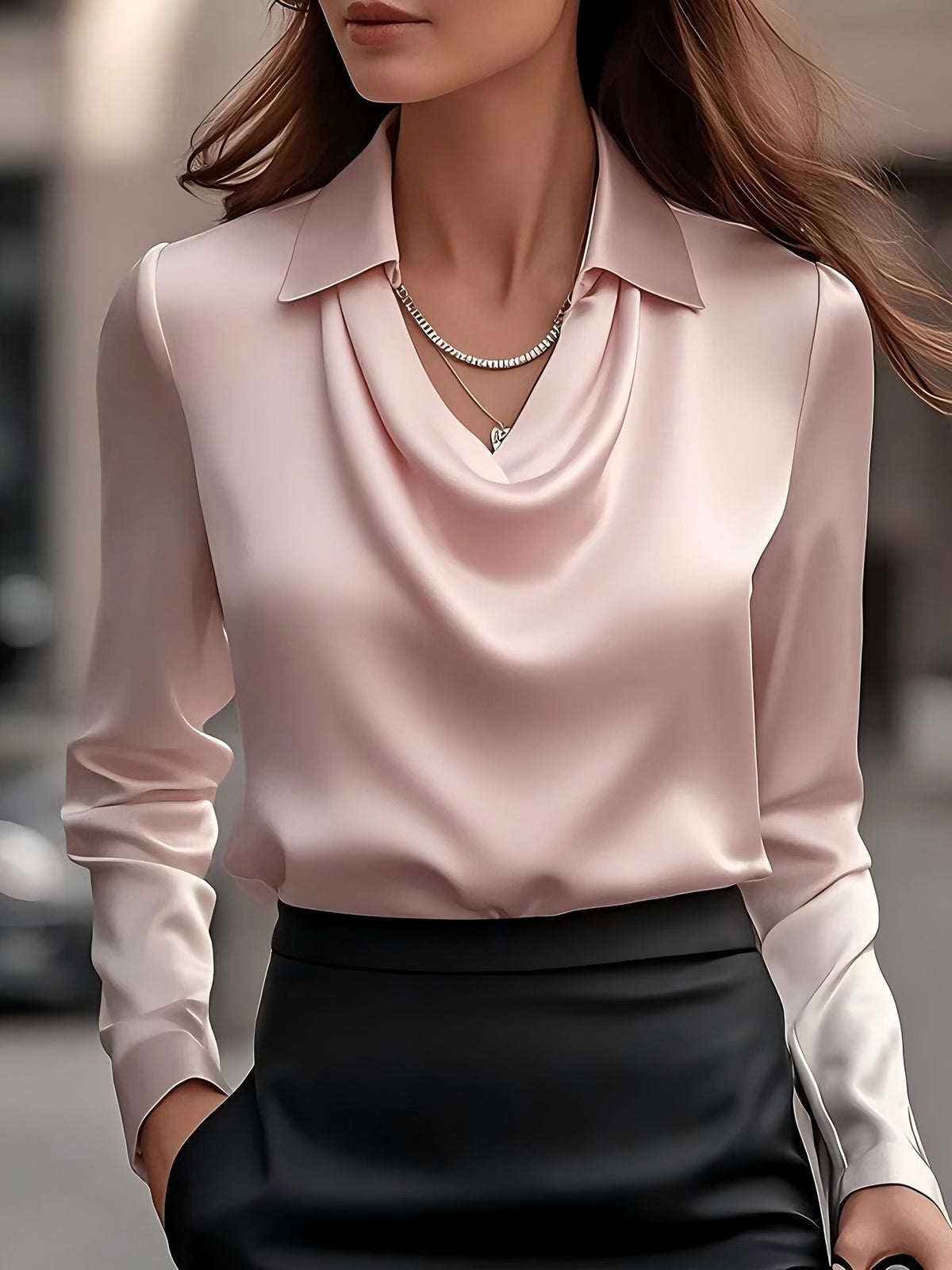 Women's Satin Cowl Neck Collared Blouse Long Sleeve
