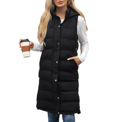 Women's Long Hooded Sleeveless Quilted Puffer Vest