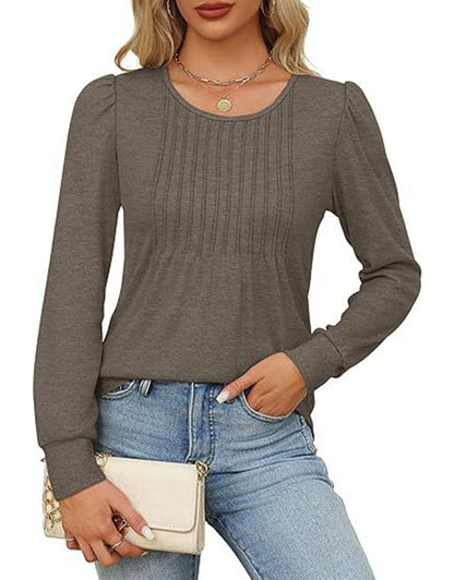Solid Cotton Pintuck Blouse Long Sleeve Work Top
