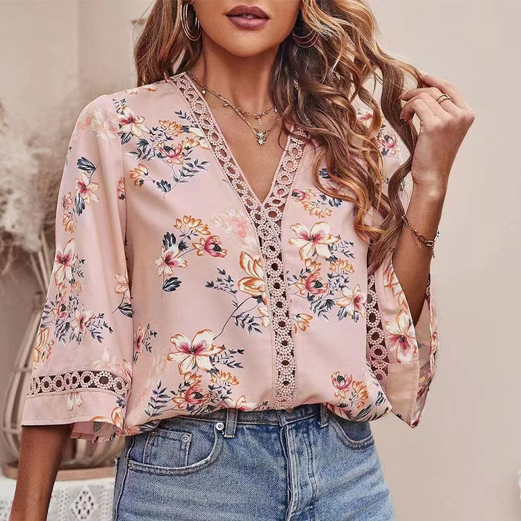 Women's Floral Lace V-Neck Bell Sleeve Boho Summer Blouse