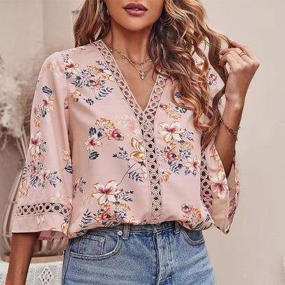Women's Floral Lace V-Neck Bell Sleeve Boho Summer Blouse