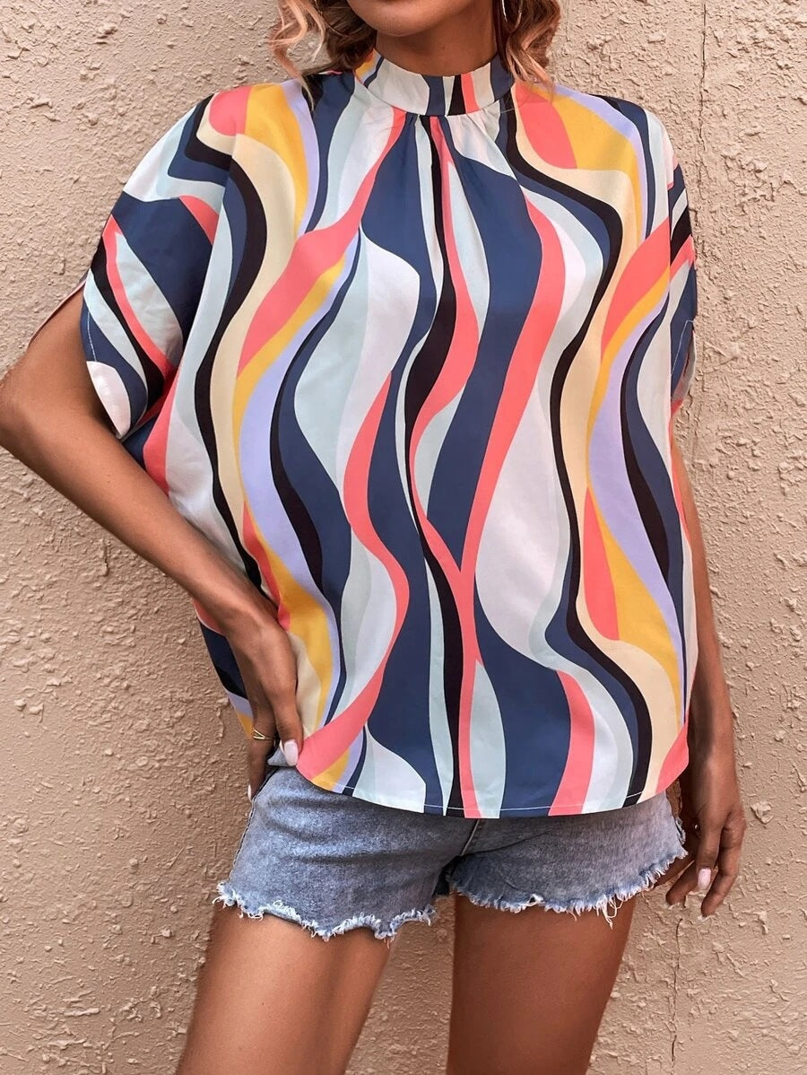 Fashion Abstract Print Dolman Sleeve Tunic Shirt