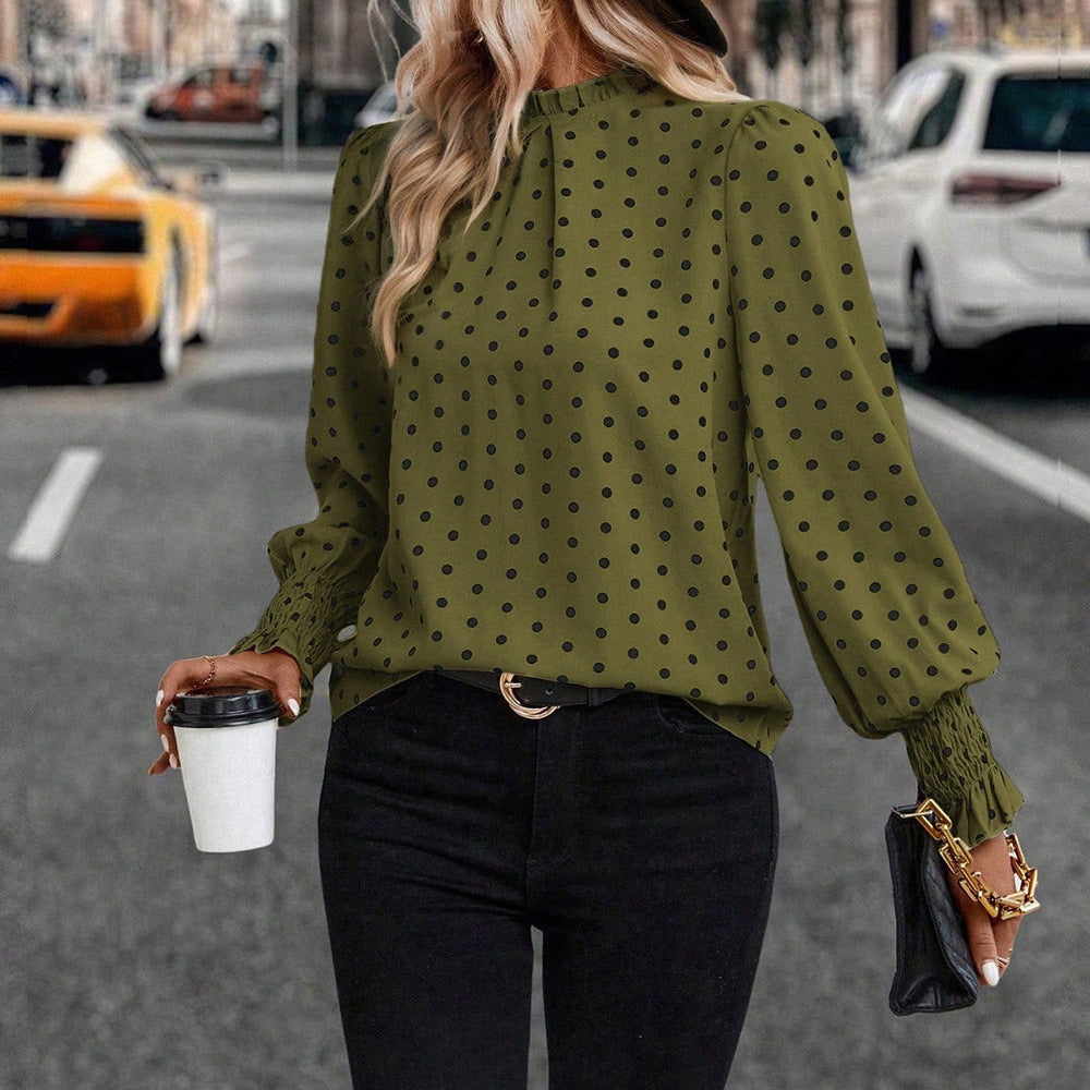 Polka Dot Blouse Ruffle Neck Smocked Cuff Long Sleeve