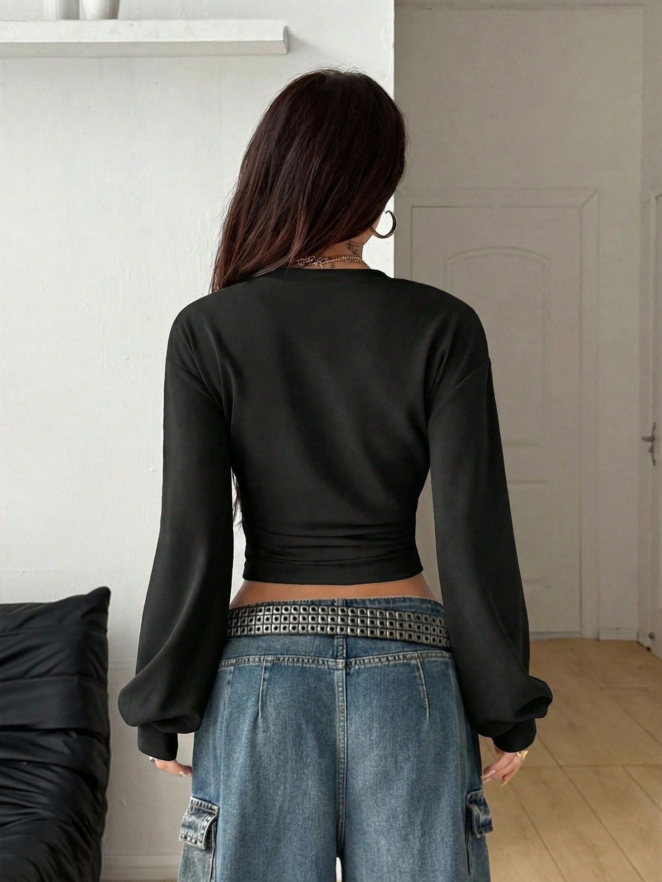 Y2K Crop Sweatshirt Slim Fit Solid Long Sleeve Top