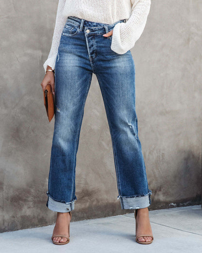 Women's Straight Leg Jeans Mid Rise Distressed Denim