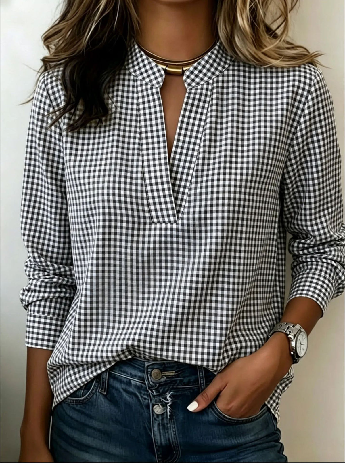 Women's Gingham Long Sleeve Pullover Blouse