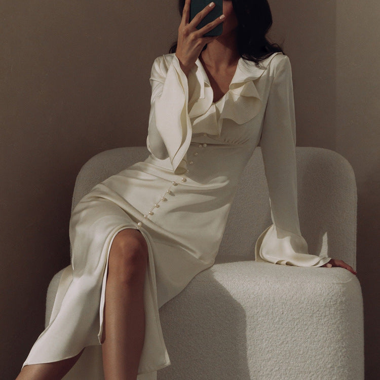 French Ruffle V Neck Button Front Flare Sleeve Midi Dress