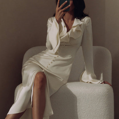 French Ruffle V Neck Button Front Flare Sleeve Midi Dress